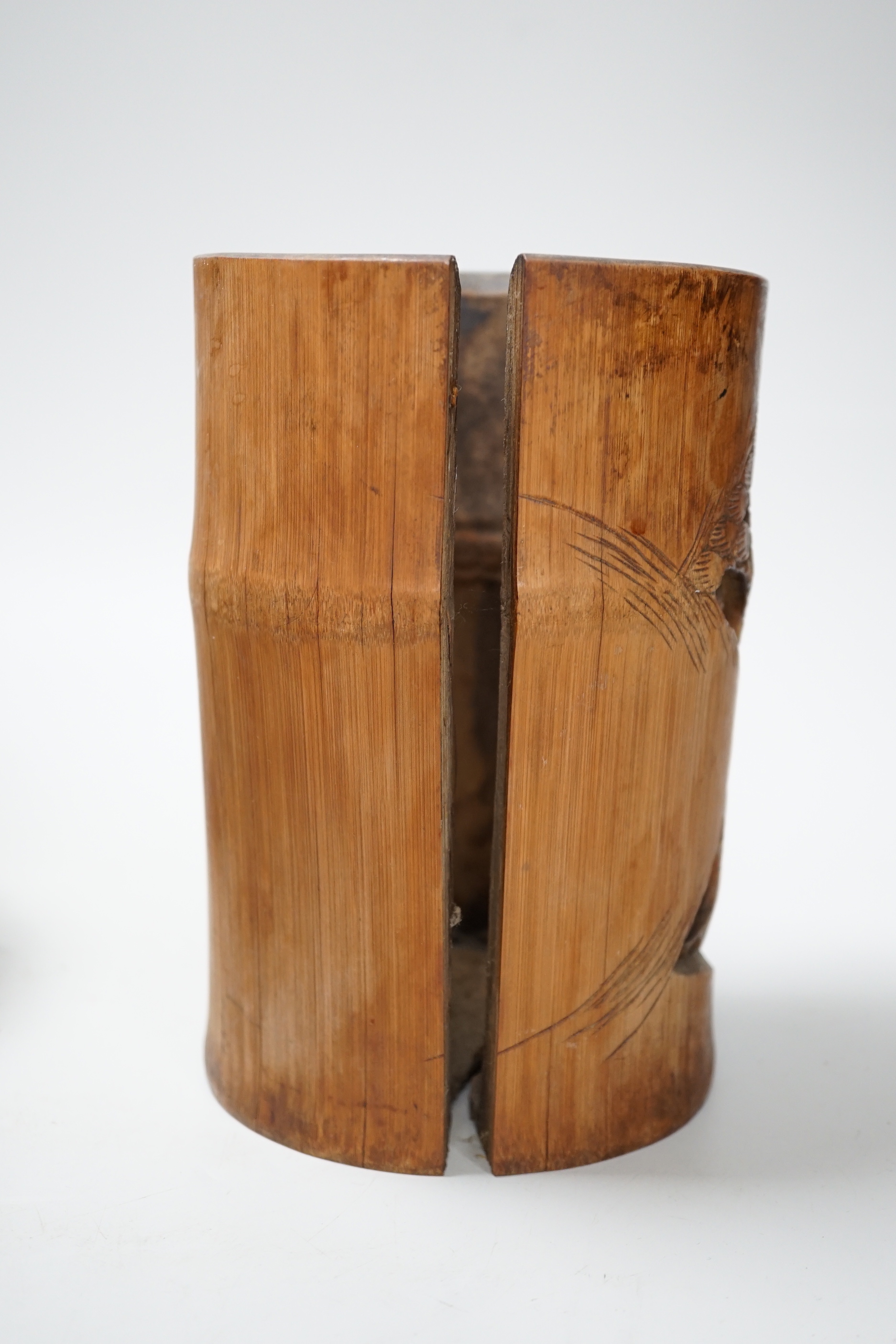 Assorted Chinese items including carved bamboo brush pot and jar, the largest 18cm high